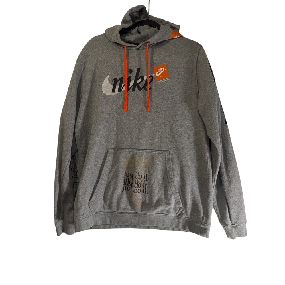 Nike Just Do It Hoodie Mens Large Gray Orange Graphic Pullover Sweatshirt